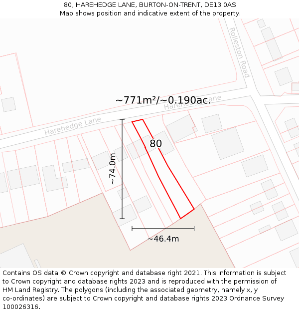 80, HAREHEDGE LANE, BURTON-ON-TRENT, DE13 0AS: Plot and title map