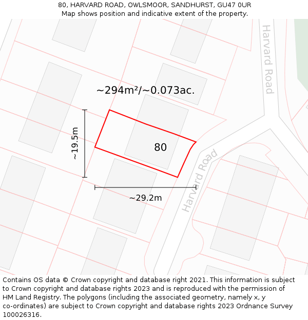 80, HARVARD ROAD, OWLSMOOR, SANDHURST, GU47 0UR: Plot and title map