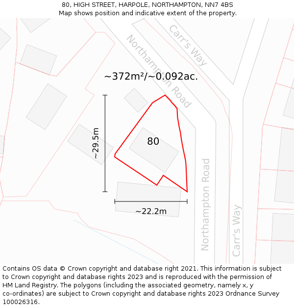 80, HIGH STREET, HARPOLE, NORTHAMPTON, NN7 4BS: Plot and title map