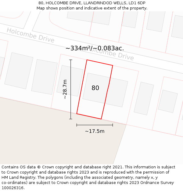 80, HOLCOMBE DRIVE, LLANDRINDOD WELLS, LD1 6DP: Plot and title map