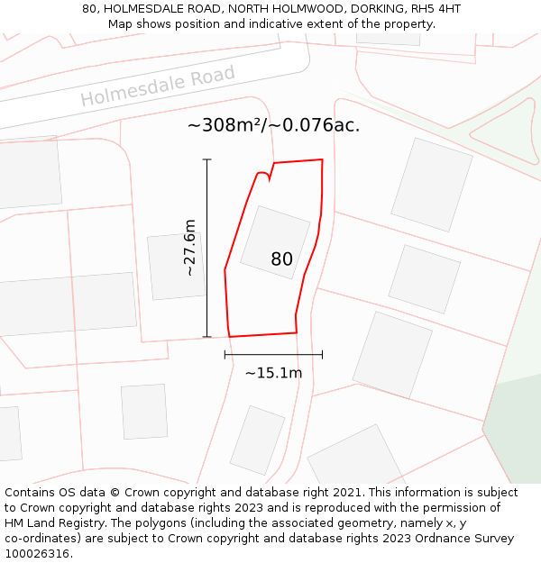 80, HOLMESDALE ROAD, NORTH HOLMWOOD, DORKING, RH5 4HT: Plot and title map