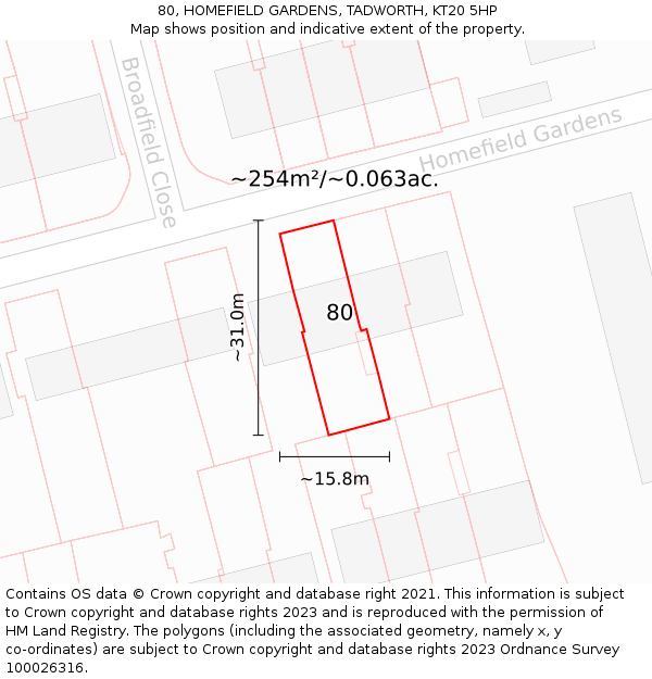 80, HOMEFIELD GARDENS, TADWORTH, KT20 5HP: Plot and title map