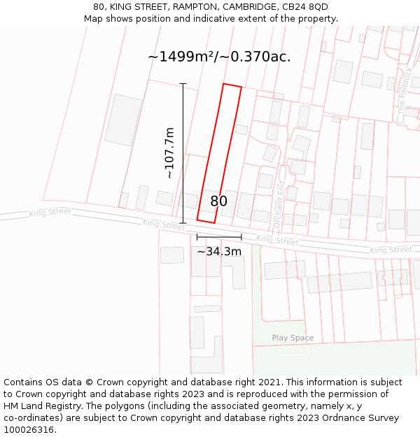 80, KING STREET, RAMPTON, CAMBRIDGE, CB24 8QD: Plot and title map