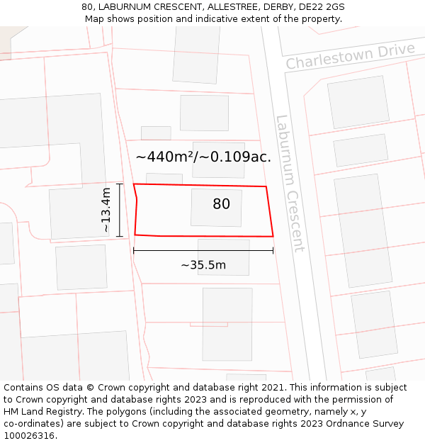 80, LABURNUM CRESCENT, ALLESTREE, DERBY, DE22 2GS: Plot and title map
