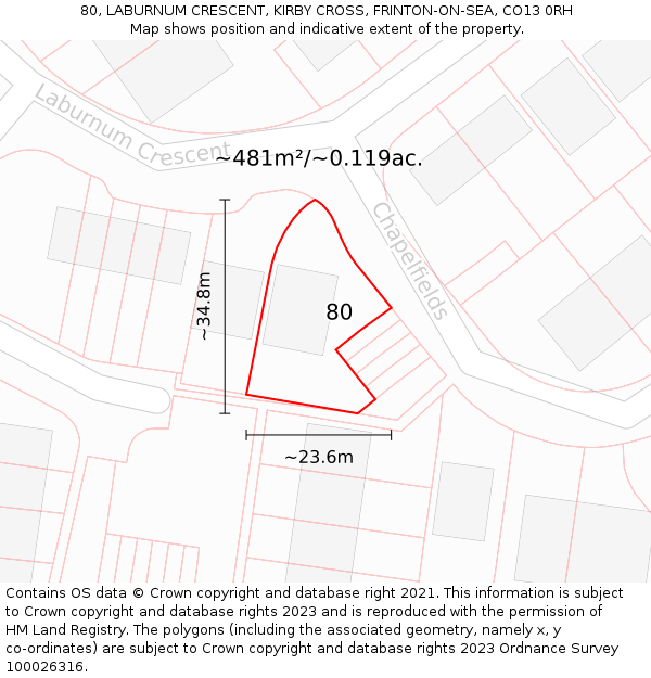 80, LABURNUM CRESCENT, KIRBY CROSS, FRINTON-ON-SEA, CO13 0RH: Plot and title map