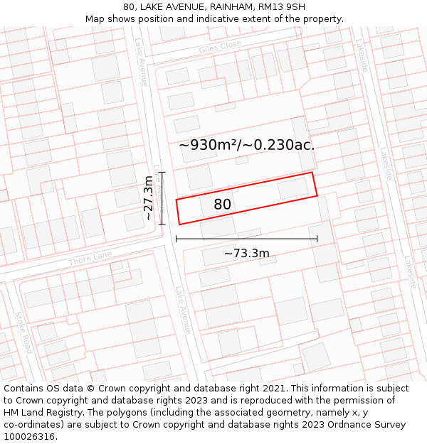 80, LAKE AVENUE, RAINHAM, RM13 9SH: Plot and title map