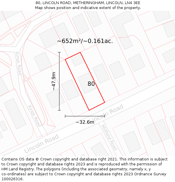 80, LINCOLN ROAD, METHERINGHAM, LINCOLN, LN4 3EE: Plot and title map