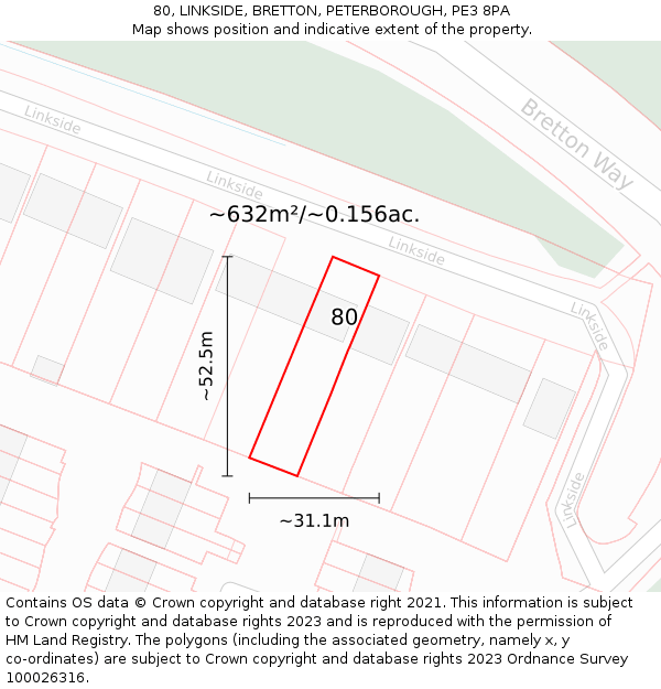 80, LINKSIDE, BRETTON, PETERBOROUGH, PE3 8PA: Plot and title map