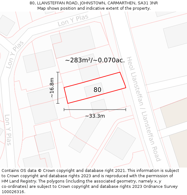80, LLANSTEFFAN ROAD, JOHNSTOWN, CARMARTHEN, SA31 3NR: Plot and title map