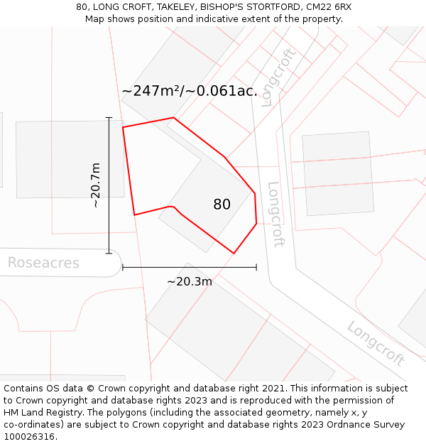 80, LONG CROFT, TAKELEY, BISHOP'S STORTFORD, CM22 6RX: Plot and title map