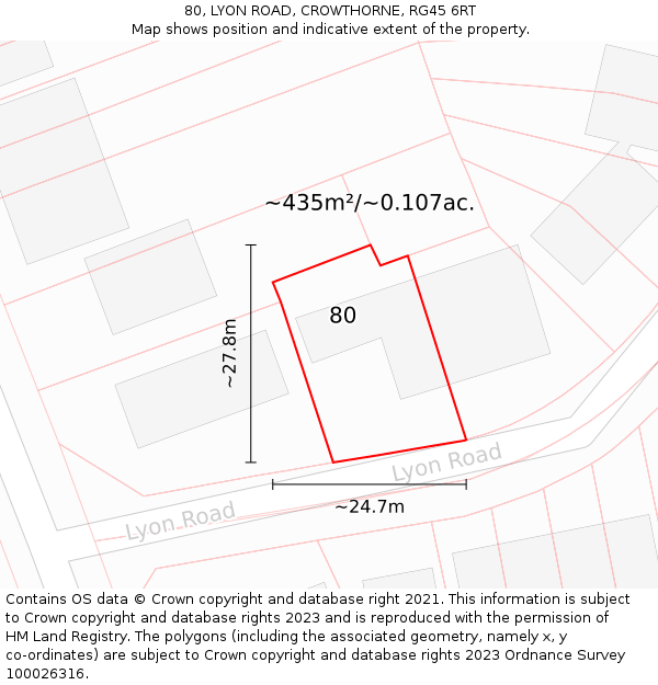 80, LYON ROAD, CROWTHORNE, RG45 6RT: Plot and title map