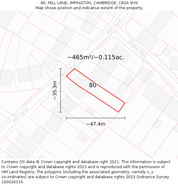 80, MILL LANE, IMPINGTON, CAMBRIDGE, CB24 9HS: Plot and title map