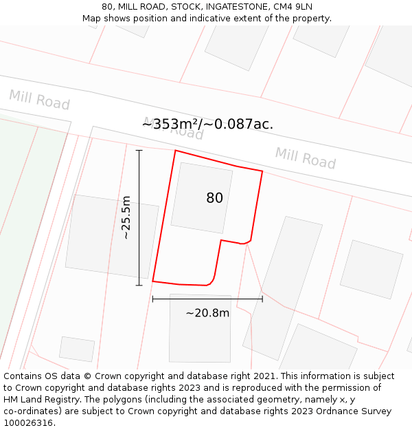 80, MILL ROAD, STOCK, INGATESTONE, CM4 9LN: Plot and title map