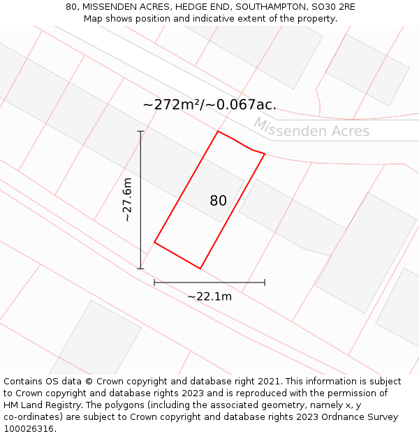 80, MISSENDEN ACRES, HEDGE END, SOUTHAMPTON, SO30 2RE: Plot and title map