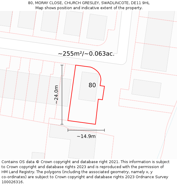 80, MORAY CLOSE, CHURCH GRESLEY, SWADLINCOTE, DE11 9HL: Plot and title map