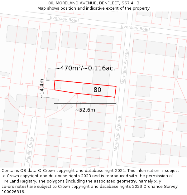 80, MORELAND AVENUE, BENFLEET, SS7 4HB: Plot and title map