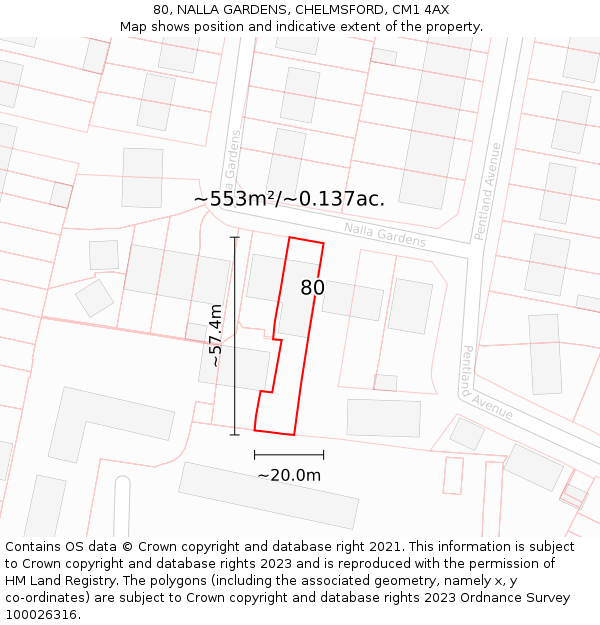 80, NALLA GARDENS, CHELMSFORD, CM1 4AX: Plot and title map