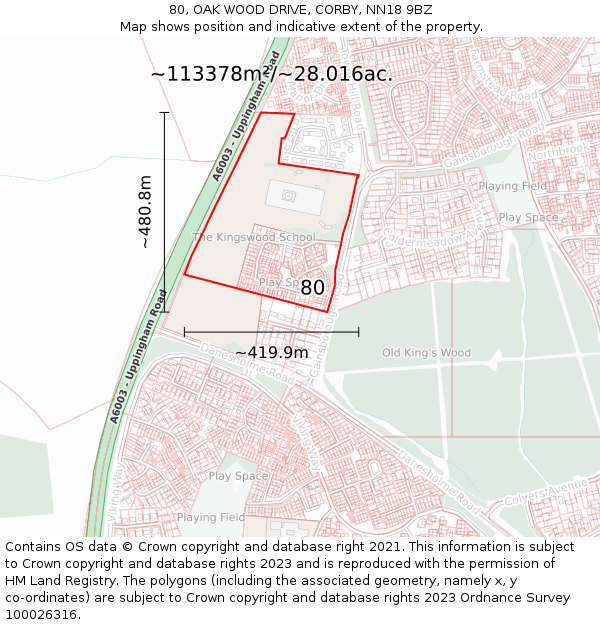80, OAK WOOD DRIVE, CORBY, NN18 9BZ: Plot and title map