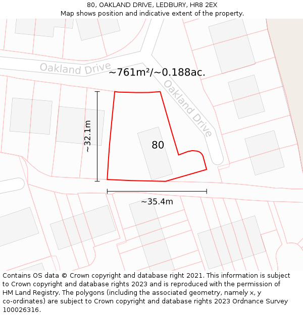 80, OAKLAND DRIVE, LEDBURY, HR8 2EX: Plot and title map