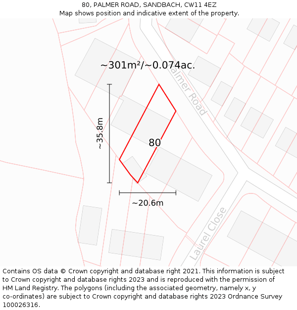 80, PALMER ROAD, SANDBACH, CW11 4EZ: Plot and title map
