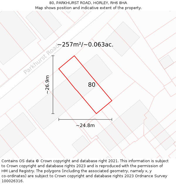 80, PARKHURST ROAD, HORLEY, RH6 8HA: Plot and title map