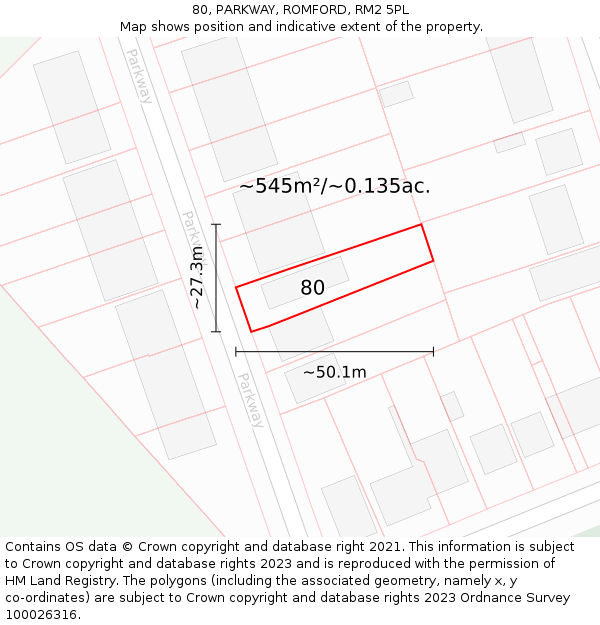 80, PARKWAY, ROMFORD, RM2 5PL: Plot and title map