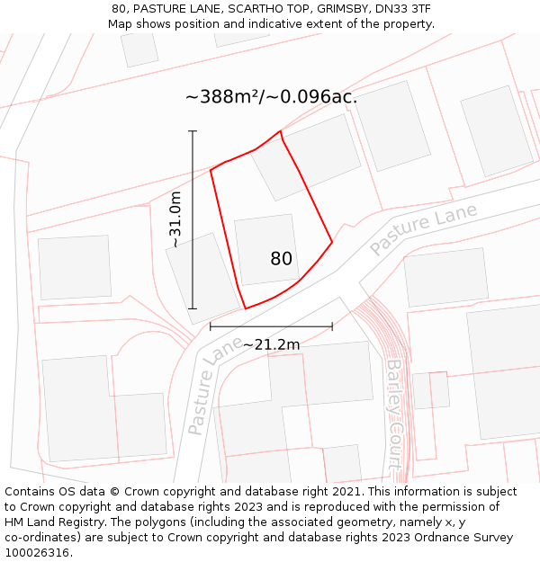 80, PASTURE LANE, SCARTHO TOP, GRIMSBY, DN33 3TF: Plot and title map