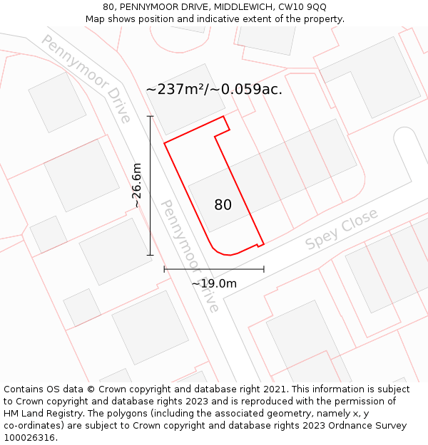 80, PENNYMOOR DRIVE, MIDDLEWICH, CW10 9QQ: Plot and title map