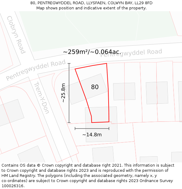 80, PENTREGWYDDEL ROAD, LLYSFAEN, COLWYN BAY, LL29 8FD: Plot and title map