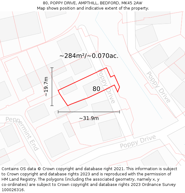 80, POPPY DRIVE, AMPTHILL, BEDFORD, MK45 2AW: Plot and title map