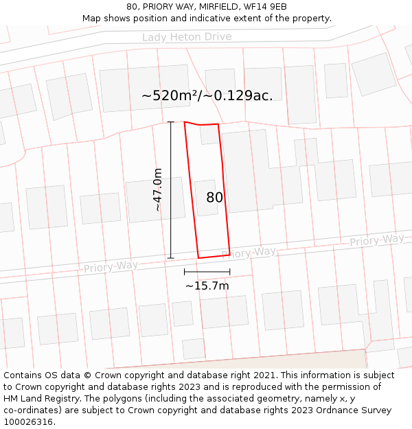 80, PRIORY WAY, MIRFIELD, WF14 9EB: Plot and title map