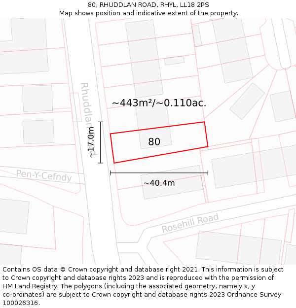 80, RHUDDLAN ROAD, RHYL, LL18 2PS: Plot and title map