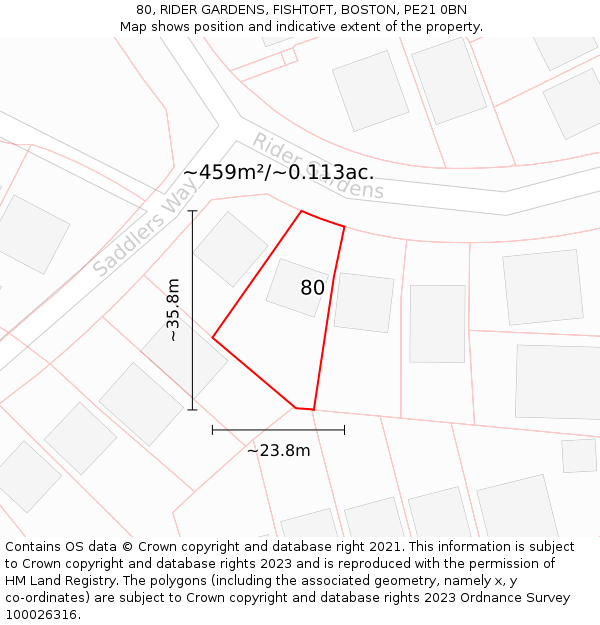 80, RIDER GARDENS, FISHTOFT, BOSTON, PE21 0BN: Plot and title map