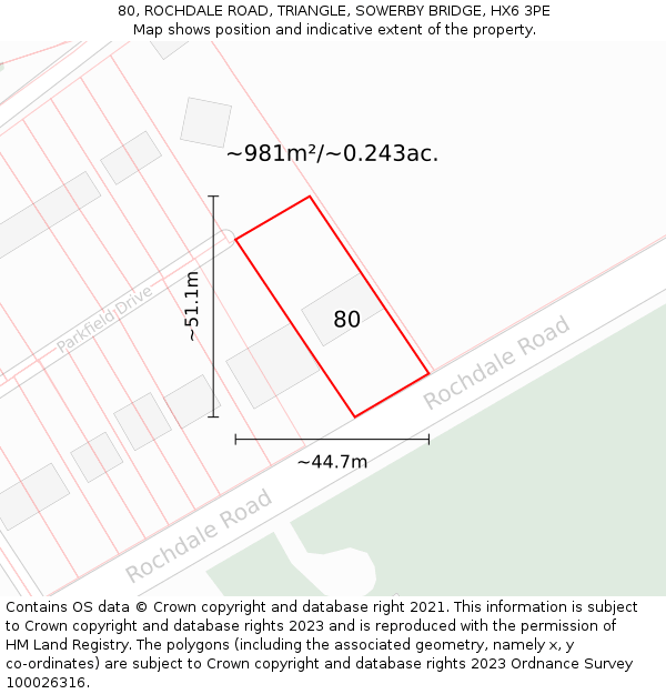80, ROCHDALE ROAD, TRIANGLE, SOWERBY BRIDGE, HX6 3PE: Plot and title map