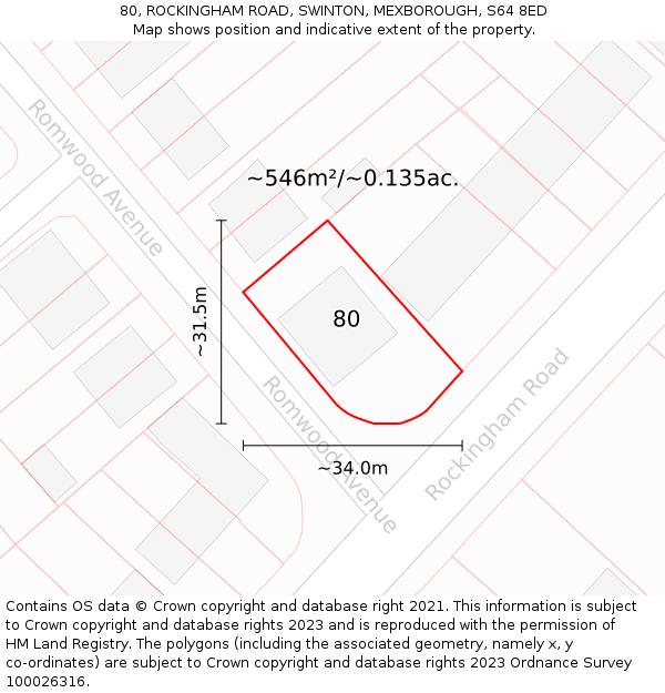 80, ROCKINGHAM ROAD, SWINTON, MEXBOROUGH, S64 8ED: Plot and title map