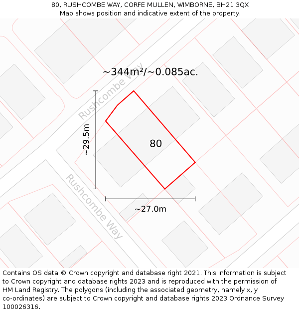 80, RUSHCOMBE WAY, CORFE MULLEN, WIMBORNE, BH21 3QX: Plot and title map