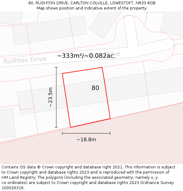 80, RUSHTON DRIVE, CARLTON COLVILLE, LOWESTOFT, NR33 8GB: Plot and title map