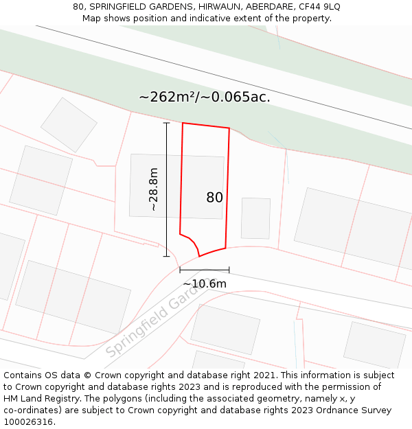 80, SPRINGFIELD GARDENS, HIRWAUN, ABERDARE, CF44 9LQ: Plot and title map
