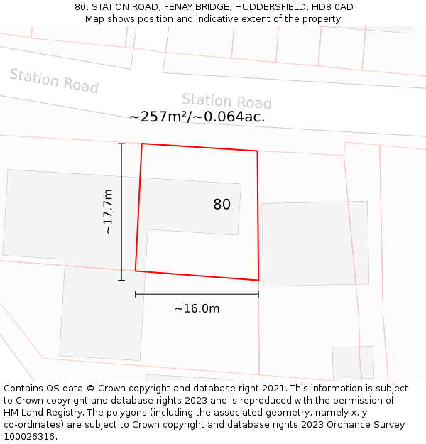 80, STATION ROAD, FENAY BRIDGE, HUDDERSFIELD, HD8 0AD: Plot and title map