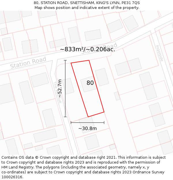 80, STATION ROAD, SNETTISHAM, KING'S LYNN, PE31 7QS: Plot and title map