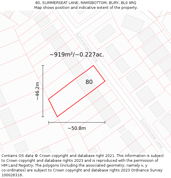 80, SUMMERSEAT LANE, RAMSBOTTOM, BURY, BL0 9RQ: Plot and title map