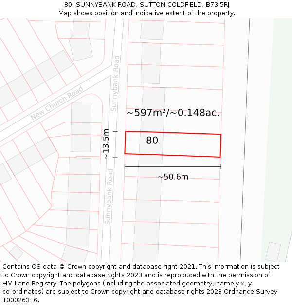 80, SUNNYBANK ROAD, SUTTON COLDFIELD, B73 5RJ: Plot and title map