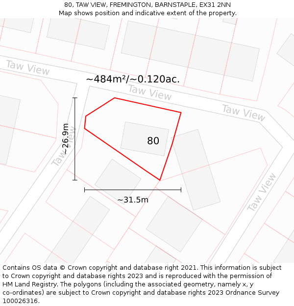 80, TAW VIEW, FREMINGTON, BARNSTAPLE, EX31 2NN: Plot and title map