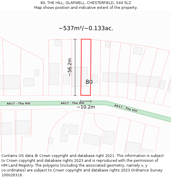 80, THE HILL, GLAPWELL, CHESTERFIELD, S44 5LZ: Plot and title map