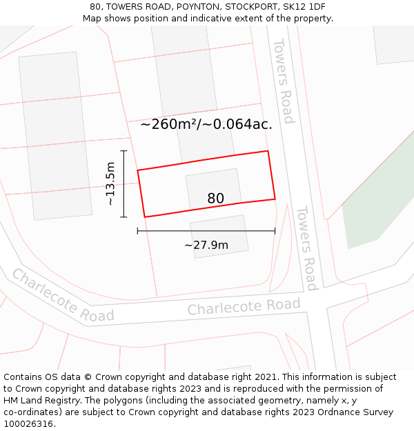 80, TOWERS ROAD, POYNTON, STOCKPORT, SK12 1DF: Plot and title map