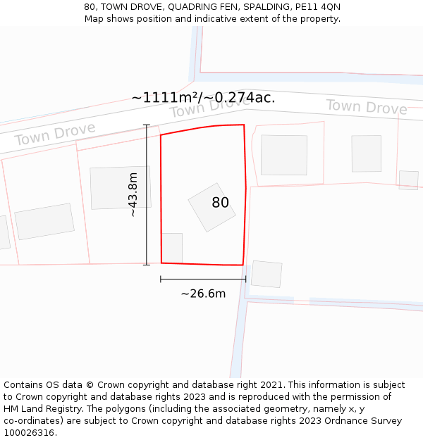 80, TOWN DROVE, QUADRING FEN, SPALDING, PE11 4QN: Plot and title map