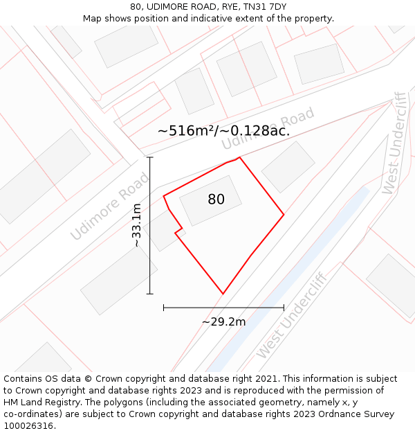 80, UDIMORE ROAD, RYE, TN31 7DY: Plot and title map