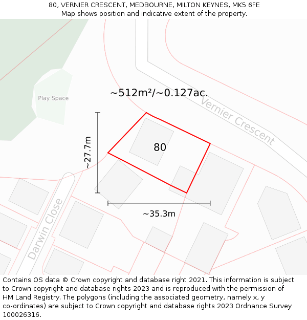 80, VERNIER CRESCENT, MEDBOURNE, MILTON KEYNES, MK5 6FE: Plot and title map
