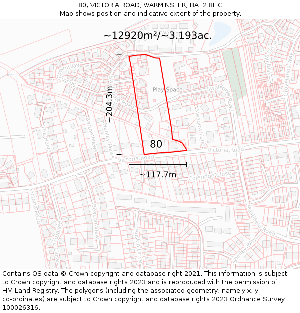 80, VICTORIA ROAD, WARMINSTER, BA12 8HG: Plot and title map