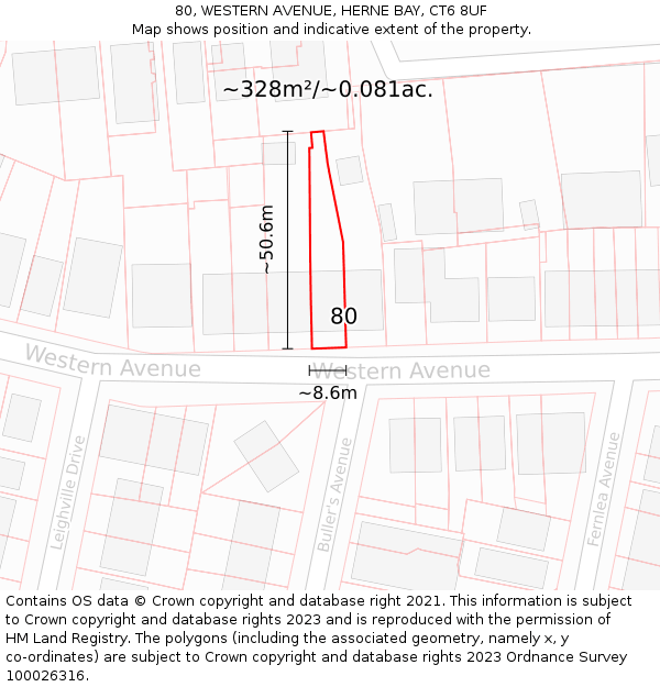 80, WESTERN AVENUE, HERNE BAY, CT6 8UF: Plot and title map